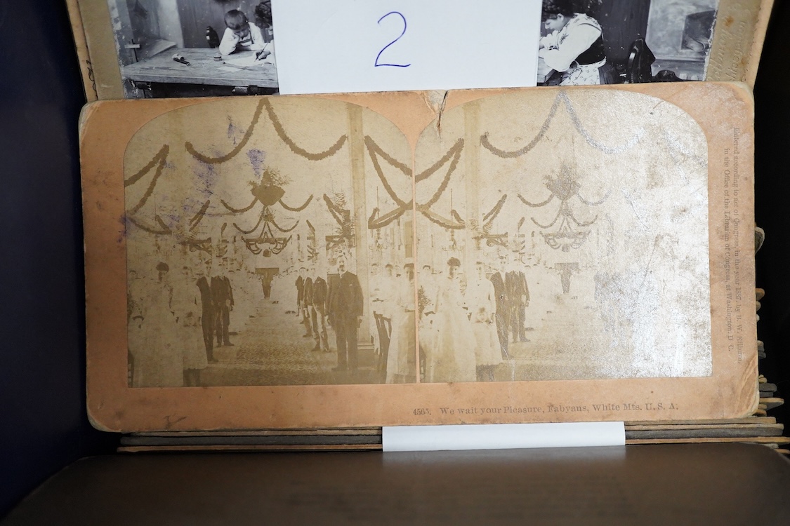 A collection of over 300 late 19th and early 20th century stereoscopic cards, including a fitted mahogany case containing 30 glass examples, the themes include; scenic views, sculptures and statues, buildings, Windsor, p